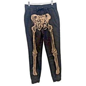 Small Black Hot Topic Washed Skeleton Jogger Pants Drawstring NWT